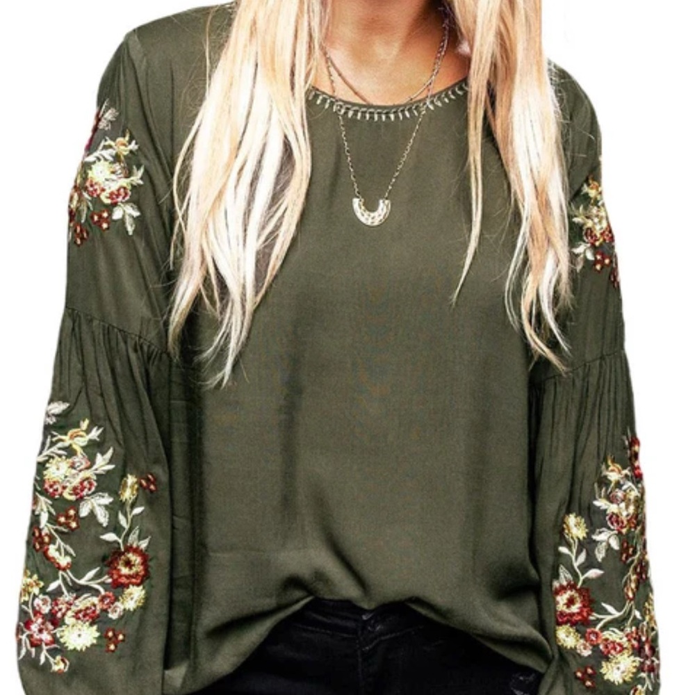 Embroidered Olive Green Women's Top